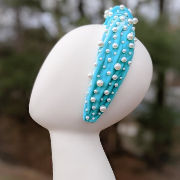 Tiffany Blue Pearl Knot Velvet Headband Pearl Beads Handmade Knotted Turban main image 4